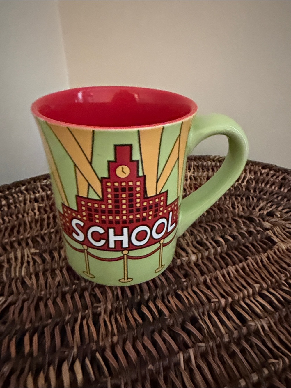 Our name is Mud School Graphic Ceramic Mug - Lime Green & Red Interior